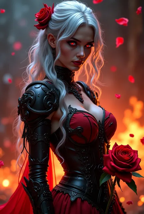 A dark Stunningly Sexy  Beautiful Enchantress stands in the shadows and Flames in the Background, her silver hair Glowing and Cascading like moonlight over obsidian Red armor adorned with intricate gothic details. Crimson eyes burn with an otherworldly int...