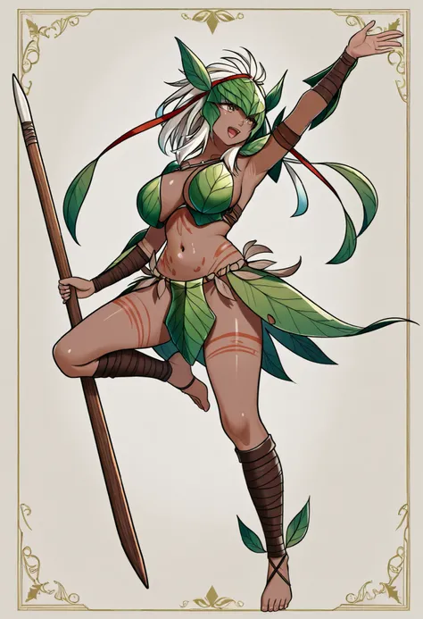 (Tribe)、( Dark Skin )、  with spear 、Big Breasts 、 Dead leaf skirt   、   Tribal Girl  、(   realistic texture )、  Dynamic Poses 、  tattered clothes .  white line and wooden sword tattoo、  dynamic angle、Wield a spear、 big breasted with a cross eye、Leaf Armor