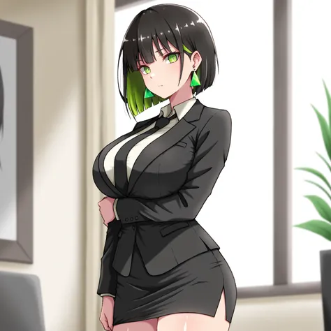 masterpiece, (((( best quality )))),,shiny skin, wearing a black suit,skirt suit, black tie , dark hair, short bob hair,The inner color of the hair is green, green eyes,isosceles triangle earrings,big breasts