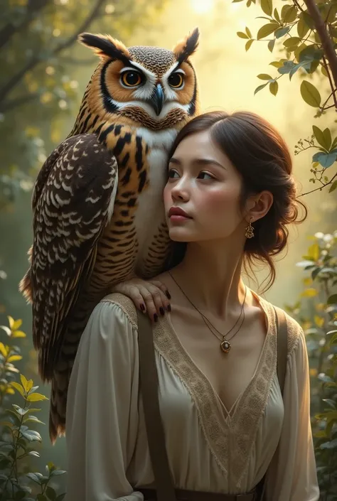 
Beautiful owl sitting on man shoulder