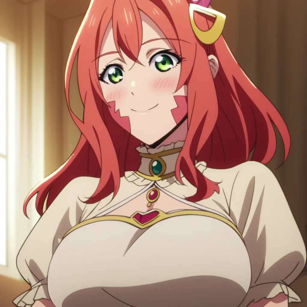 score_9, score_8_up, score_7_up, source_anime, anime screencap, love live art style,
Malty Melromarc, 
long hair, bangs, red hair, hair ornament, green eyes, hairclip, red hair,
1 girl,nsfw,white complexion,blushing,uncensored,solo,
:q, smile,closed_mouth,...