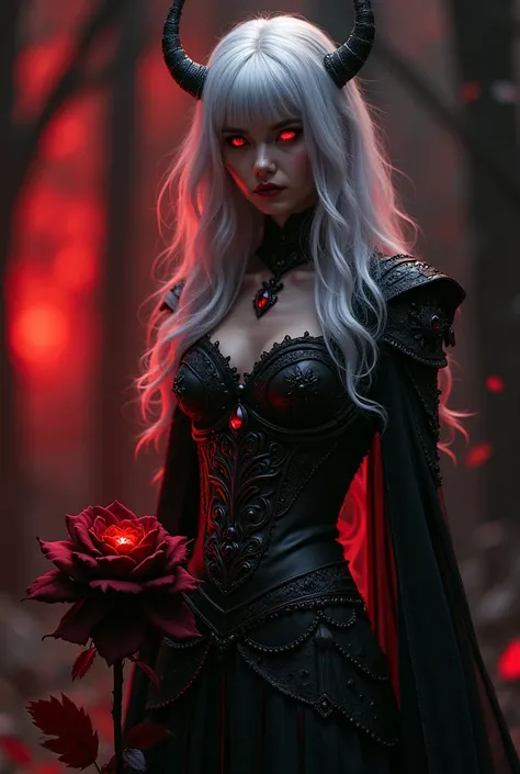 A dark Stunningly Sexy  Beautiful Enchantress stands in the shadows and Flames in the Background, her silver hair Glowing and Cascading like moonlight over obsidian Red armor adorned with intricate gothic details. Crimson eyes burn with an otherworldly int...