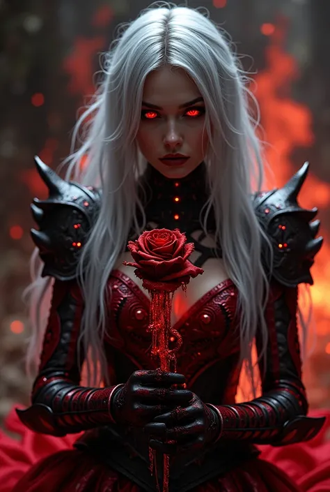 A dark Stunningly Sexy  Beautiful Enchantress stands in the shadows and Flames in the Background, her silver hair Glowing and Cascading like moonlight over obsidian Red armor adorned with intricate gothic details. Crimson eyes burn with an otherworldly int...