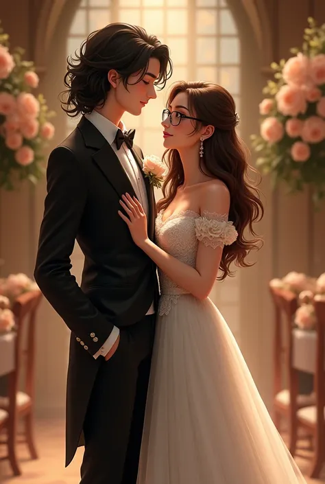 A couple in wedding attire a tall man with long black curly hair, thin white skin tone

White-skinned woman with medium long brown hair with lenses and thick build