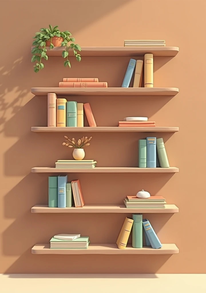 An empty floating bookshelf with ten long shelves, illustrated in a soft, cozy, hand-drawn style. The design uses a warm, earthy color palette with muted shades of brown, pastel blues, yellows, greens, and reds, inspired by the aesthetic of modern, minimal...