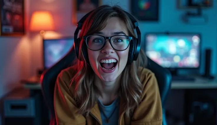  In a gamer room with glasses,  brown hair, sitting,  front,  smile, surprise, anger, Boredom 