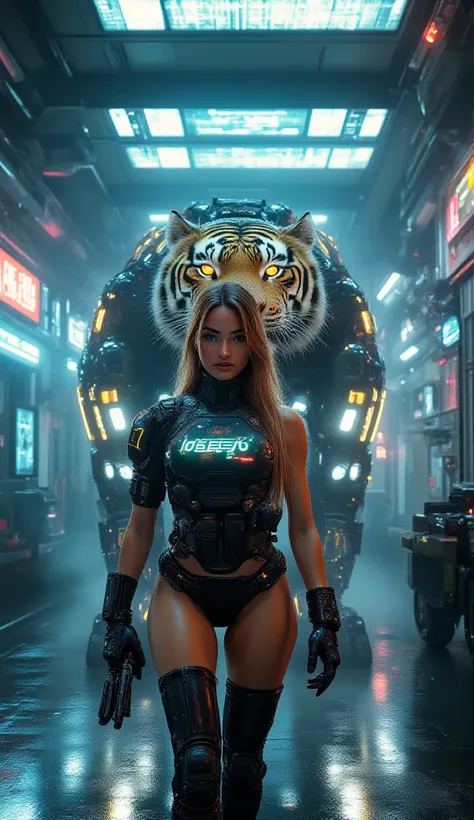 A hyper-realistic image of a stunning and sexy female soldier from Brazil in the year 2100, walking confidently in front of a massive cybernetic tiger. She wears a high-tech, futuristic military suit with sleek armor plating and glowing neon accents, featu...