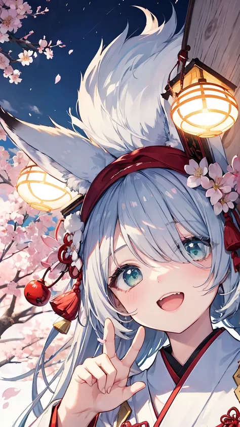   gray hair 、  illuminated in the dark 、 had hair on one eye、Japanese-style town、day、((from below))、Yangyun、cherry blossoms、 Flower blowing snow、bird、slender、open mouth、double teeth、  claw pose、smile、   Cool Personality、  focus face、 boyish、April、Japanese ...