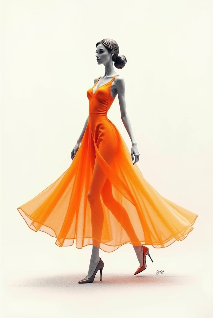 pencil sketch,   from a fashion design figurine,  parading, an orange dress by olanes .