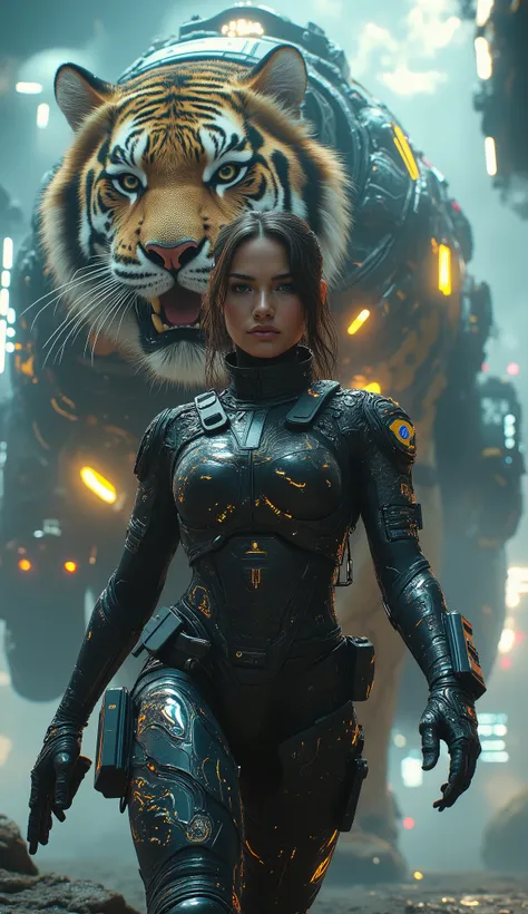 A hyper-realistic image of a stunning and sexy female soldier from Brazil in the year 2100, walking confidently in front of a massive cybernetic tiger. She wears a high-tech, futuristic military suit with sleek armor plating and glowing neon accents, featu...