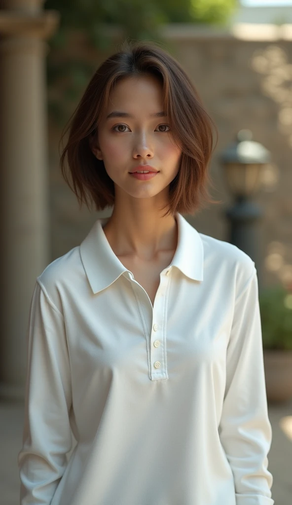 Image of a girl of Spanish origin (ultra realistic 1.4k) low, light eyes, 25 year old brown short and straight hair, white tunic polo shirt, long slevee. (full body(from head to foot:1.2)). In the background (movie image) 4k realistic image