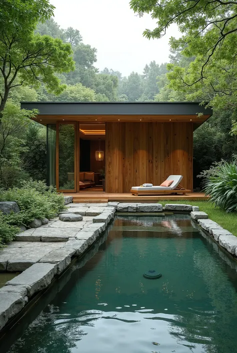  A house with a relaxation area dedicated only to water. Something natural , quiet and homely .  Something I can get in touch with .  something simple but beautiful . 