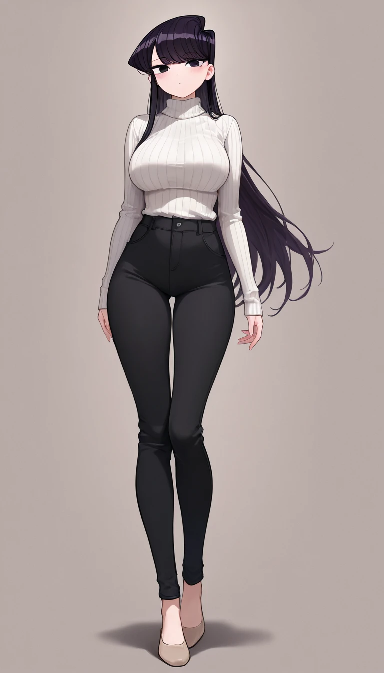 masterpiece,best quality,newest,absurdres,highres,komi_shouko,1girl, black eyes, purple eyes, long hair, black hair, large breasts, white turtleneck ribbed sweater, black pants, full body shot