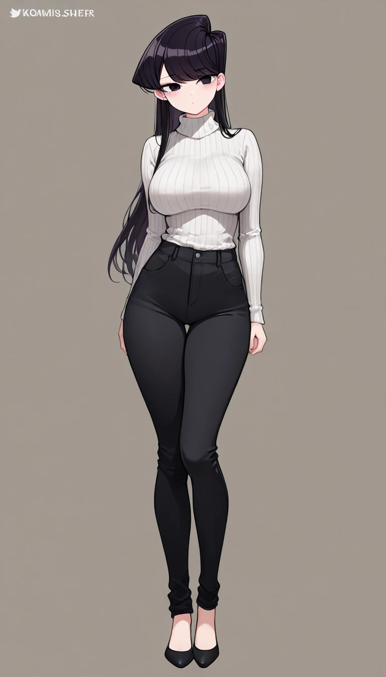 masterpiece,best quality,newest,absurdres,highres,komi_shouko,1girl, black eyes, purple eyes, long hair, black hair, large breasts, white turtleneck ribbed sweater, black pants, full body shot