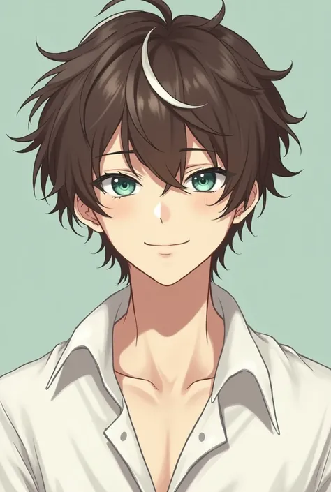 A pale-skinned man ,  short, curly brown hair with a white tuft in the fringe,  eyes between green and blue, slim and dressed in a slightly unbuttoned white shirt. He has a small smile and dark circles ,  but that smile looks slightly forced , looking andr...