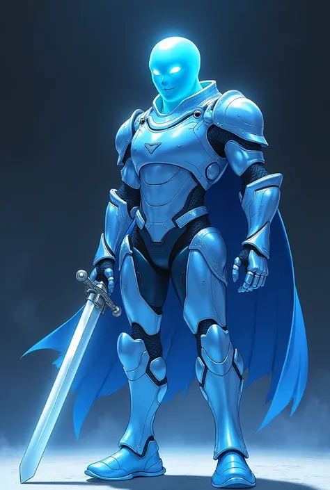 Japanese animation art. A futuristic male humanoid night made of translucent blue slime stands proudly, wearing a suit of armor. It holds a sword in one hand, exuding confidence and strength. Its gentle smile adds warmth to its determined presence, creatin...