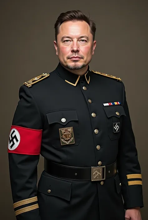 Generate an image of Elon Musk wearing a Nazi costume and killed by militarea