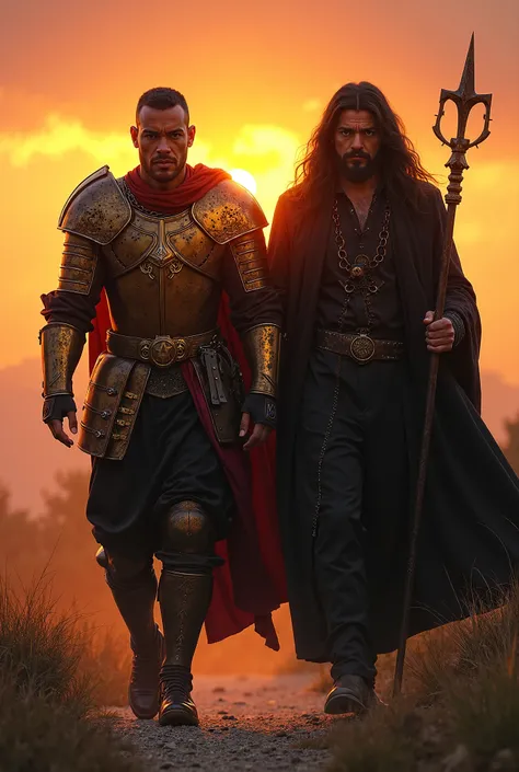 Warrior and wizard walking at sunset
Warrior with his shiny armor and short black hair with a thin beard
Magician wearing black clothes and a staff in his hand long black hair