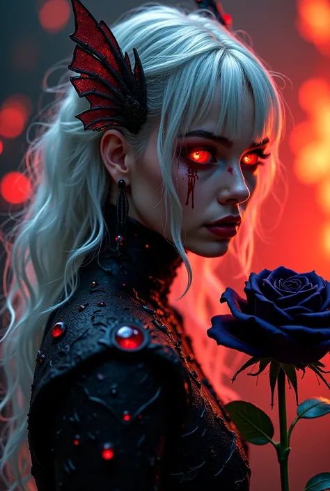 A dark Stunningly Sexy  Beautiful Enchantress , Black Ghotic make up, stands in the shadows and Flames in the Background, her silver hair Dripping with Blood and Glowing and Cascading like moonlight over obsidian Red armor adorned with intricate gothic det...