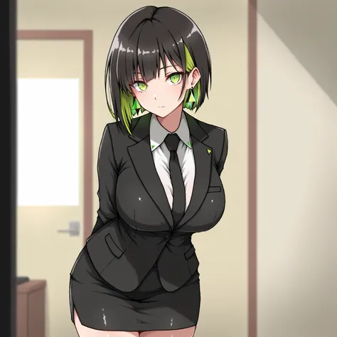 masterpiece, (((( best quality )))),,shiny skin, wearing a black suit,skirt suit, black tie , dark hair, short bob hair,The inner color of the hair is green, green eyes,isosceles triangle earrings,big breasts