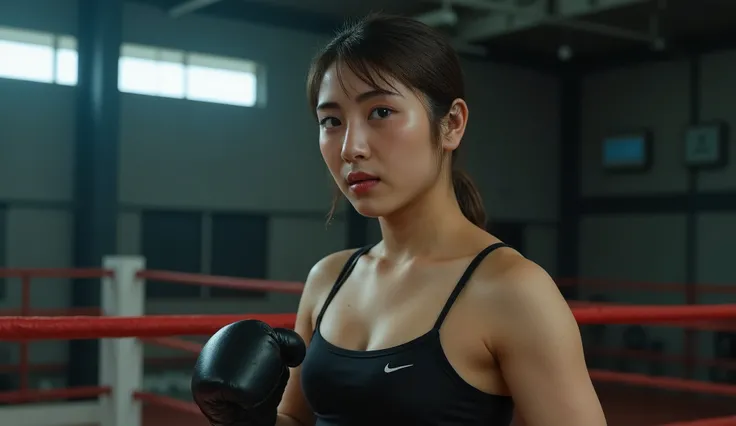  close eyes、With a beautiful Korean woman who closes her eyes, muscular body flowing through a bowl, Wet hair tied up , Sweaty skin,  wear Nike sportswear and shorts, Big Breasts,  sensual expression,  wear boxing gloves ,  battle pose,  boxing ring ,  wat...