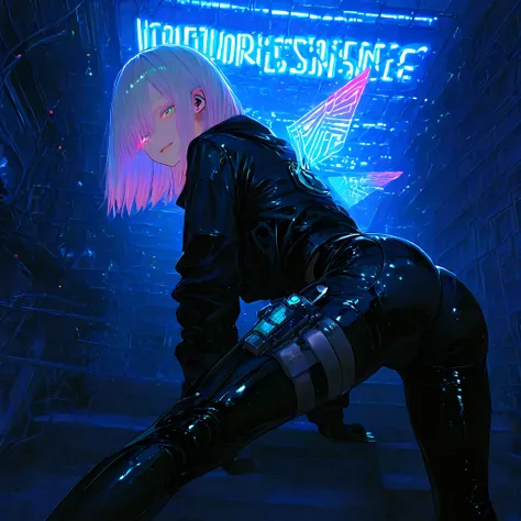 masterpiece、、 High Quality 、 very aesthetic、 absurd、up to date、Woman 1、    photorealistic   、Inside a futuristic city where neon lights shine 、 and a beautiful woman wearing a suit with colorful LED lights embedded has a cyber vision device attached to one...