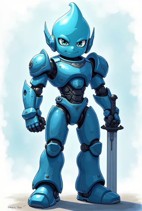 Japanese animation art. A futuristic male robot made of translucent blue slime stands proudly, wearing a suit of armor. It holds a sword in one hand, exuding confidence and strength. Its gentle smile adds warmth to its determined presence, creating a uniqu...