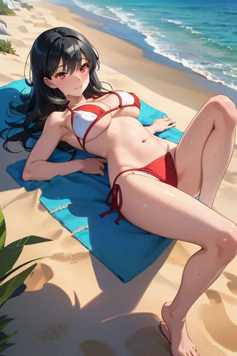 (( better quality)), ((Super masterpiece)), ( ultra detailed ), 1 girl, ((with red and white bikini )), (( black hair)), (( Long hair)), ((red eyes)), (( big breasts)), ((lying on a towel)), (( tall cowgirl )), (( watching the spectator)), (( landscape of ...