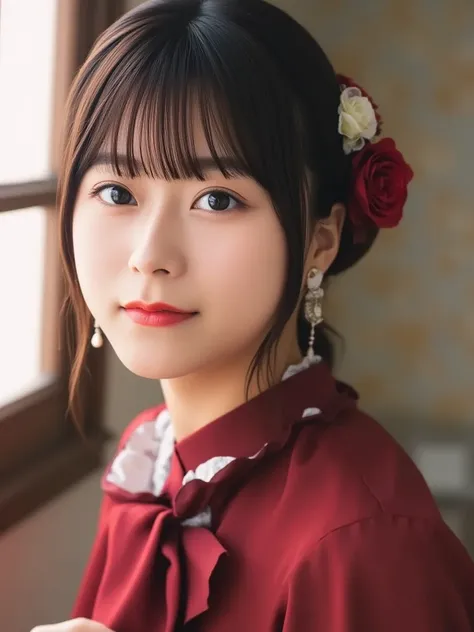  Japanese girls、 so cute、a beauty girl、s、( Gothic Lolita Fashion)、 beautiful face, Eye and Skin with Exquisite Details 、Fine black hair、Elegant frills、Ruffled tie、ribbon tie 、 rose hair accessory、( smiling at the camera )、( Cowboy Shots)、(European Castles)...