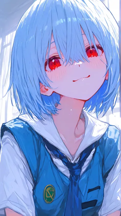 (masterpiece,  top quality ),     1 girl,     Neon Genesis Evangelion 、   Rei Ayanami、 blue hair、 short hair、 red eyes、 high school uniform 、  blue uniform  、  smile、   、  カウボーイショット, 