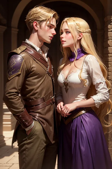 A blonde male with brown eyes and a blonde female with purple-blue eyes, looking at each other lovingly, the boy holding the girl in a dip, detailed facial features, high quality, photorealistic, dramatic lighting, fantasy, fantasy art, warm tones, romanti...