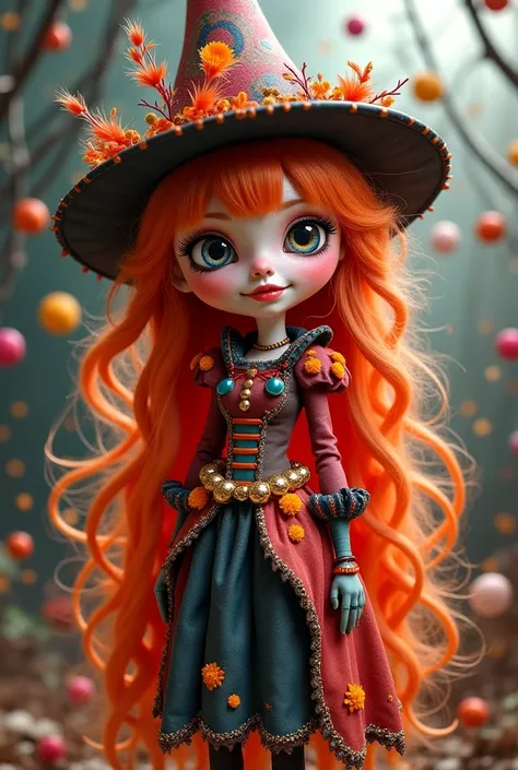 digital glossy oil painted full-figure image of a fantasy wacky redhead   in Blythe style, ready to for being a witch at the annual carnival
