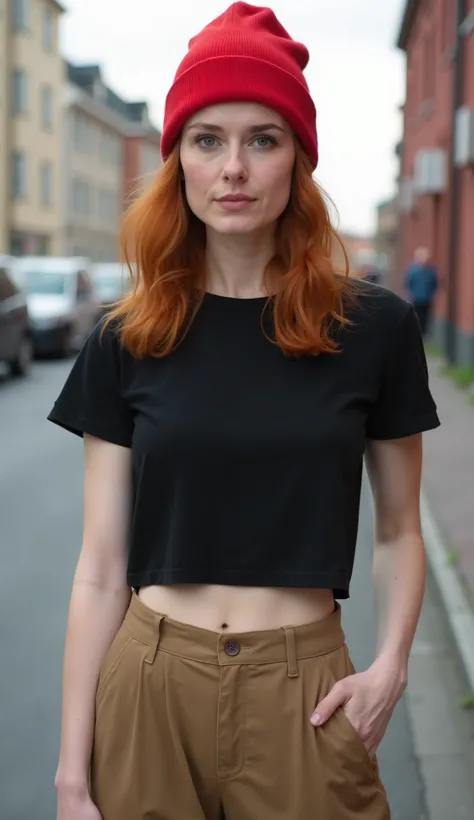 Caucasian redhead woman, 25 years old, wearing a red wool hat, wearing a plain black crop top with a round collar and short sleeves, wearing loose khaki pants, front view, with one arm slightly raised and the other arm down. setting a street in Norway .