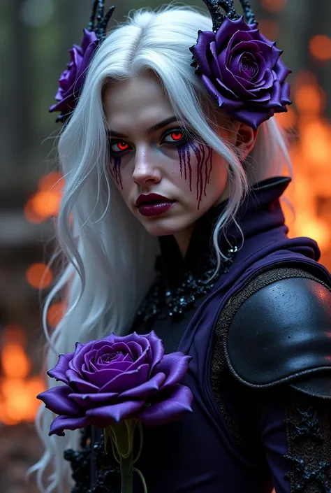 A dark Stunningly Sexy  Beautiful Enchantress , Black Ghotic make up, stands in the shadows and Flames in the Background, her silver hair Dripping with Blood and Glowing and Cascading like moonlight over obsidian White and Purple  armor adorned with intric...