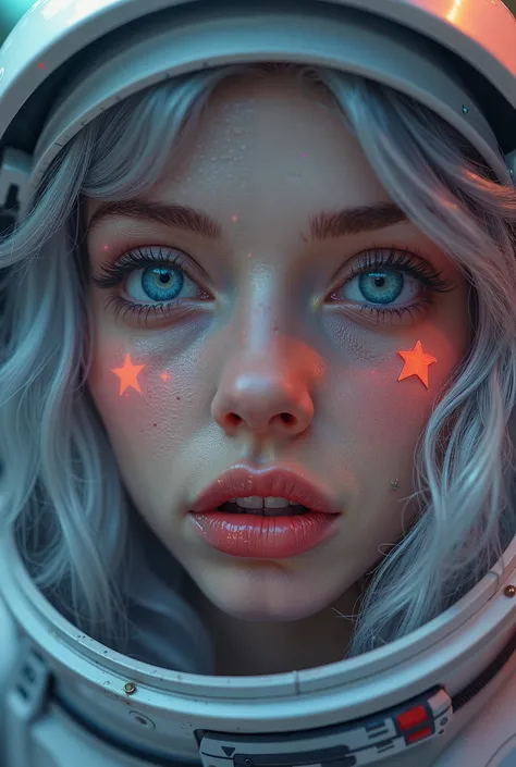  Close-up of an improved masterpiece:1.5)0.9], (Space and astronauts:1.2) ( Untidy silver hair:1.1) (heterochromia:  xanthochromia and blue eyes :1.2) (Space helmet:1.0) ( Colored stars in the eyes:1.0) ( A radiant glow:1.1) ( Thick lips:0.9)