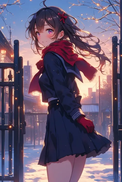  Viewing Viewers from the Front 　( Looking Back When Called Out by Viewers )　女の子がsmileで立っている 一人　(Winter evening) 　School gate 　( sailor suit、Winter clothes、Navy Blue、 knee-length pleated skirt) ( Red Muffler 、 red gloves )  beautiful anime style portrait 　...