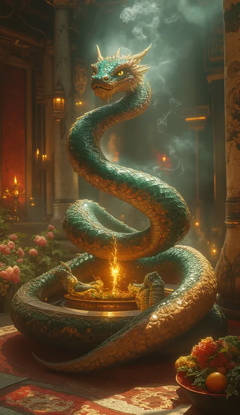 A mesmerizing scene blending the mystique of an elegant serpent with rich traditional culture. A majestic, sinuous snake with iridescent scales—deep emerald, gold, and crimson—coils gracefully around an ancient ceremonial altar, its eyes glowing with wisdo...