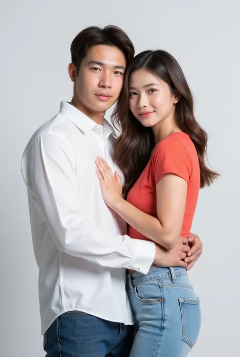  20-Year-Old Asian Male Female Couple, Clear photos,  inches, Shot in the studio ,Gesture looks clear