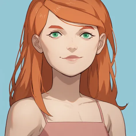 score_9, score_8_up, score_7_up, score_6_up, score_5_up, score_4_up, 1girl, solo, long hair, orange hair, green eyes, lips, camisole, pants, bare shoulders, upper body, smile, looking at viewer, 
light blue background, simple background,