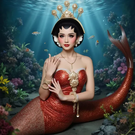 (masterpiece, best quality:1.2), 1girl, Alone, black Javanese Traditional, swim at under sea, underwater, water bubbles, fish, flower, full body mermaid, red mermaid, red mermaid tail below waistline, scales red mermaid tail below waistline, looking at vie...