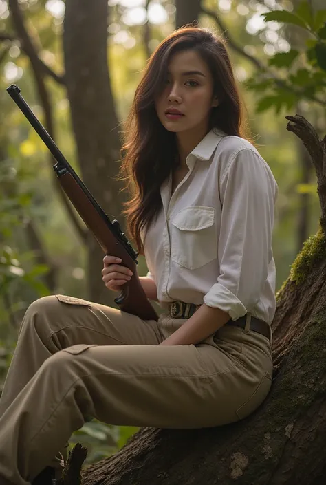 beautiful woman, 1girl, dark long hair, beautiful detailed eyes, beautiful detailed lips, extremely detailed face, elegant, adventurous, wearing light brown cargo pants, white blouse, holding hunting rifle, sitting on tree branch, primeval forest, cinemati...