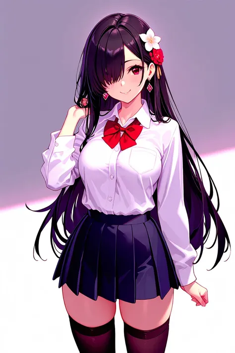 8k,masterpiece, best quality, ultra detailed, high resolution, super fine illustration, 1girl, solo, smile,red eyes, black hair, long hair, hair over one eye,medium breasts, school uniform, collared shirt, long sleeves,bowtie, pleated skirt, miniskirt, thi...