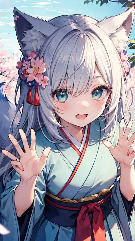   gray hair 、  illuminated in the dark 、 I had hair on one eye、Japanese-style town、day、flower shower、((from above))、Yangyun、cherry blossoms、 Flower blowing snow、bird、slender、open mouth、double teeth、  claw pose、smile、   Cool Personality、   boyish、April、Japa...