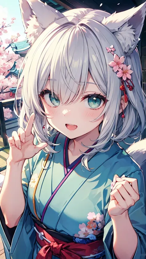   gray hair 、  illuminated in the dark 、 I had hair on one eye、Japanese-style town、day、flower shower、((from above))、Yangyun、cherry blossoms、 Flower blowing snow、bird、slender、open mouth、double teeth、  claw pose、smile、   Cool Personality、   boyish、April、Japa...