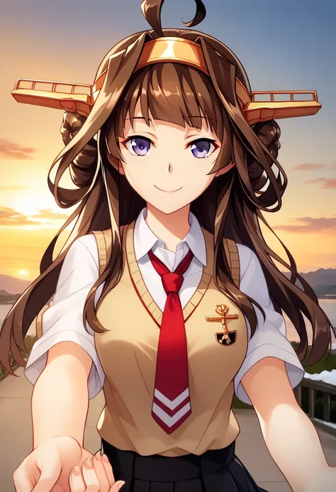 KanColle Kongou, kongou, Ahoge, brown hair, Double good, Hair Bun, hair band, headgear, Long Hair, (Purple eyes:1.1), break skirt, shirt, school uniform, white shirt, short sleeves, pleated skirt, necktie, collared shirt, red necktie, sweater vest, break l...