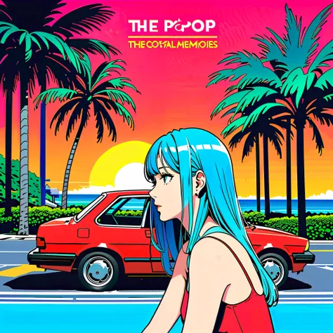 ( Masterpiece,  top quality:1.1), 90s Record Jacket Art, city pop,The title of the song is  " summer memories ",Red car, palm tree , girl profile ,Coastal Road,  CMYK palette inspired by Hiroshi Nagai , illustrated by Hisashi Eguchi ,(Blue outline),