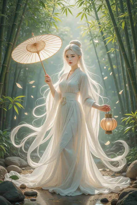 standing split:1.8,A beautiful girl in a bamboo forest, bamboo leaves falling softly, hazy atmosphere, long white hair, wearing a graceful white hanfu, alluring and elegant, holding a traditional oil-paper umbrella, carrying a lantern, holding a delicate f...