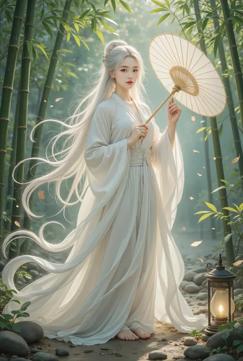 standing split:1.8,A beautiful girl in a bamboo forest, bamboo leaves falling softly, hazy atmosphere, long white hair, wearing a graceful white hanfu, alluring and elegant, holding a traditional oil-paper umbrella, carrying a lantern, holding a delicate f...