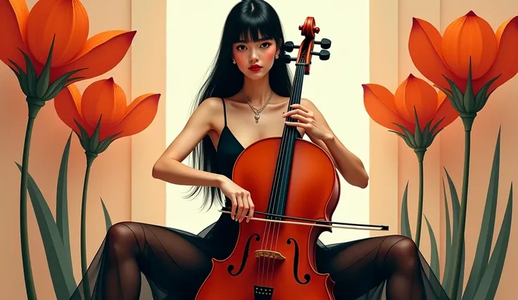 LOVE CELLO
((one, 1 girl 16+, sitting in front of viewer playing cello), (wearing a black transparent dress), (sexy, erotic), spread her legs wide, playing cello directly in front of the viewer))_((soft scarlet lips), (straight black hair - long, cascading...