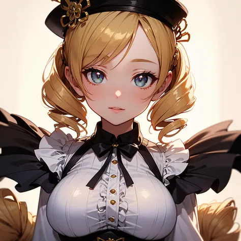 (Highest quality:1.24, Very detailed, Delicate and beautiful CG art, Detailed illustrations, High detail, masterpiece:1.2, Highest quality, Best aesthetics), (((1 Girl))), (Tomoe Mami, White shirt, corset, hat, Big Breasts, Droopy eyes:1.4, Twin Drill), Sh...